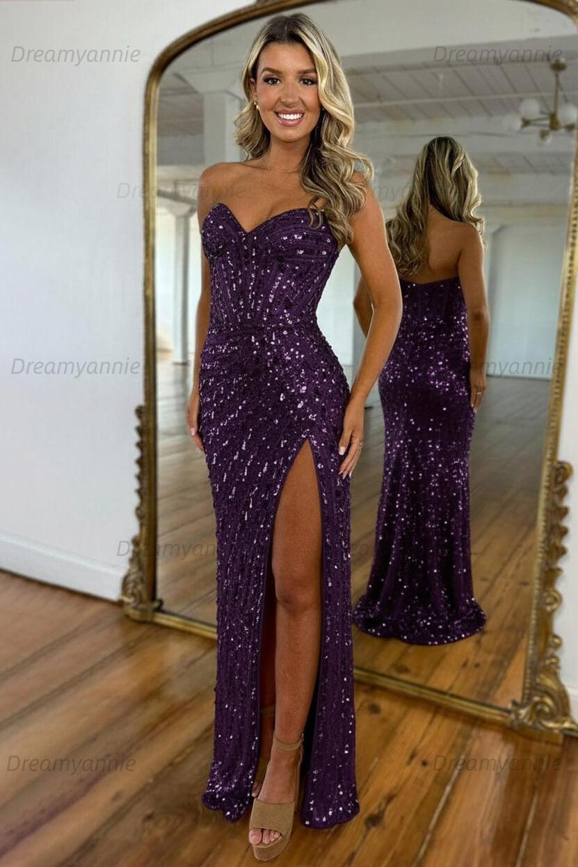 Sweetheart Mermaid Sequined Prom Dress With High Slit Skirt Evening Gown
