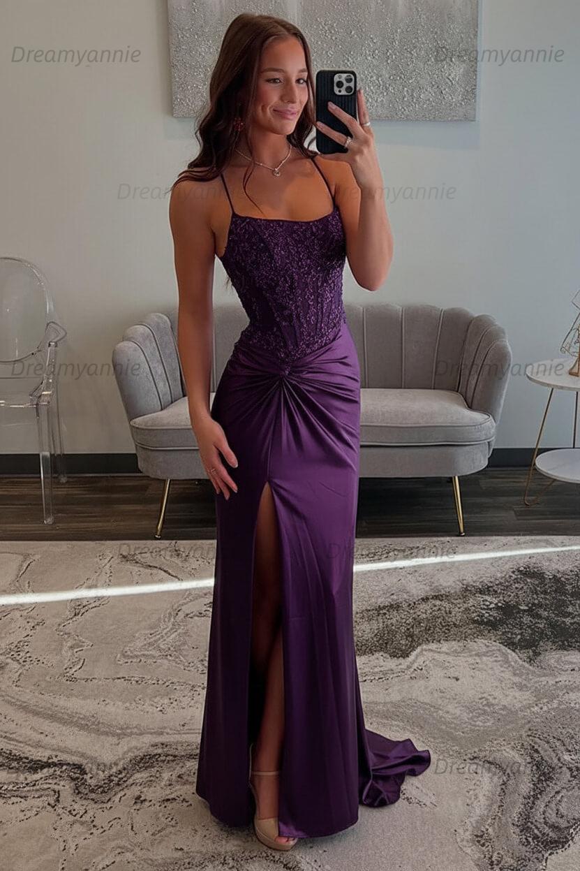 Dreamyannie Red Prom Dress Spaghetti Straps Ruhed Long Lace Formal Dress With Appliques
