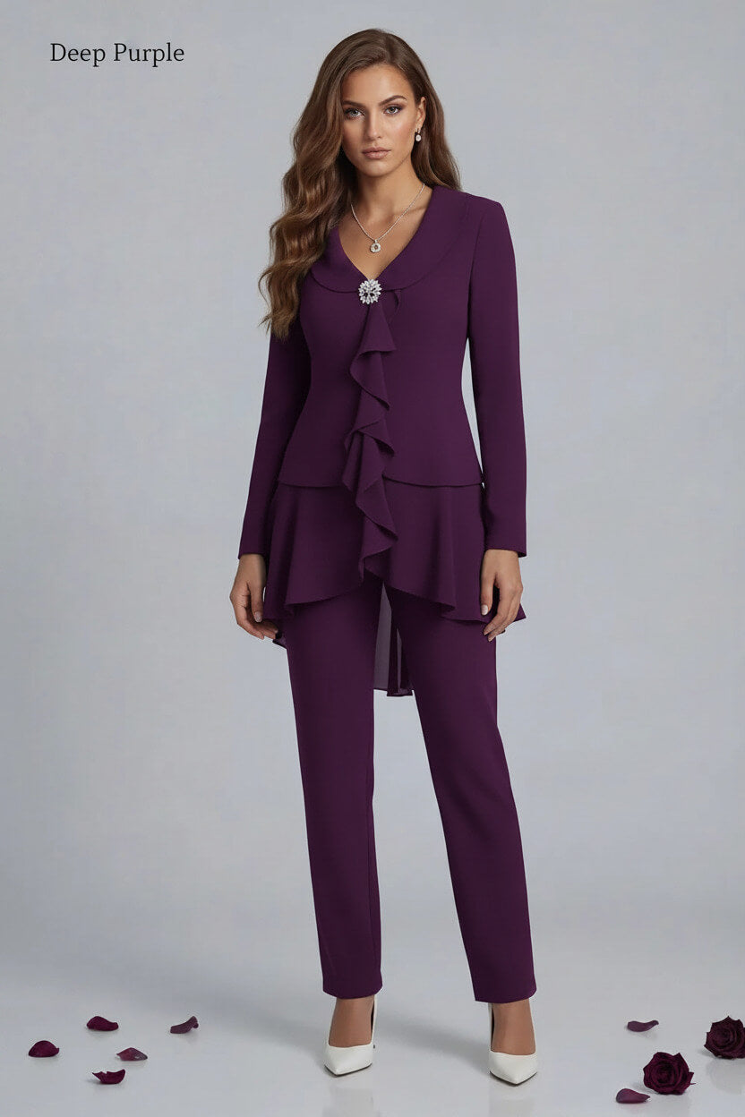 Dreamyannie Navy V Neck Ruffled Chiffon 2 Piece Mother Of The Bride Pant Suits With Sleeves