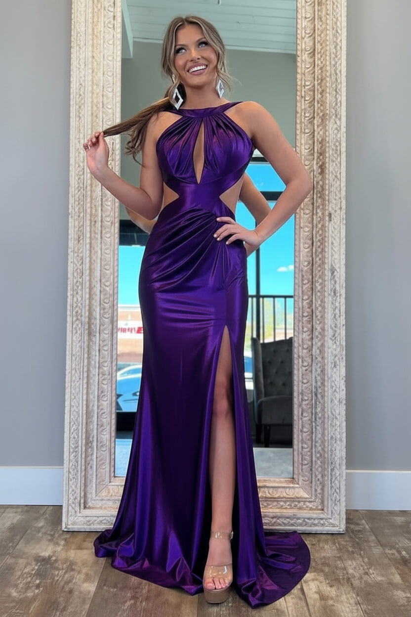 Stylish Fuchsia Metallic Mermaid Prom Dress With Slit And Open Back Formal Evening Gown