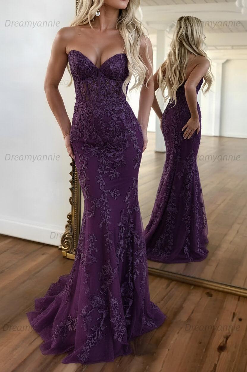 Mermaid Prom Dress Purple Sweetheart Evening Dress With Appliques