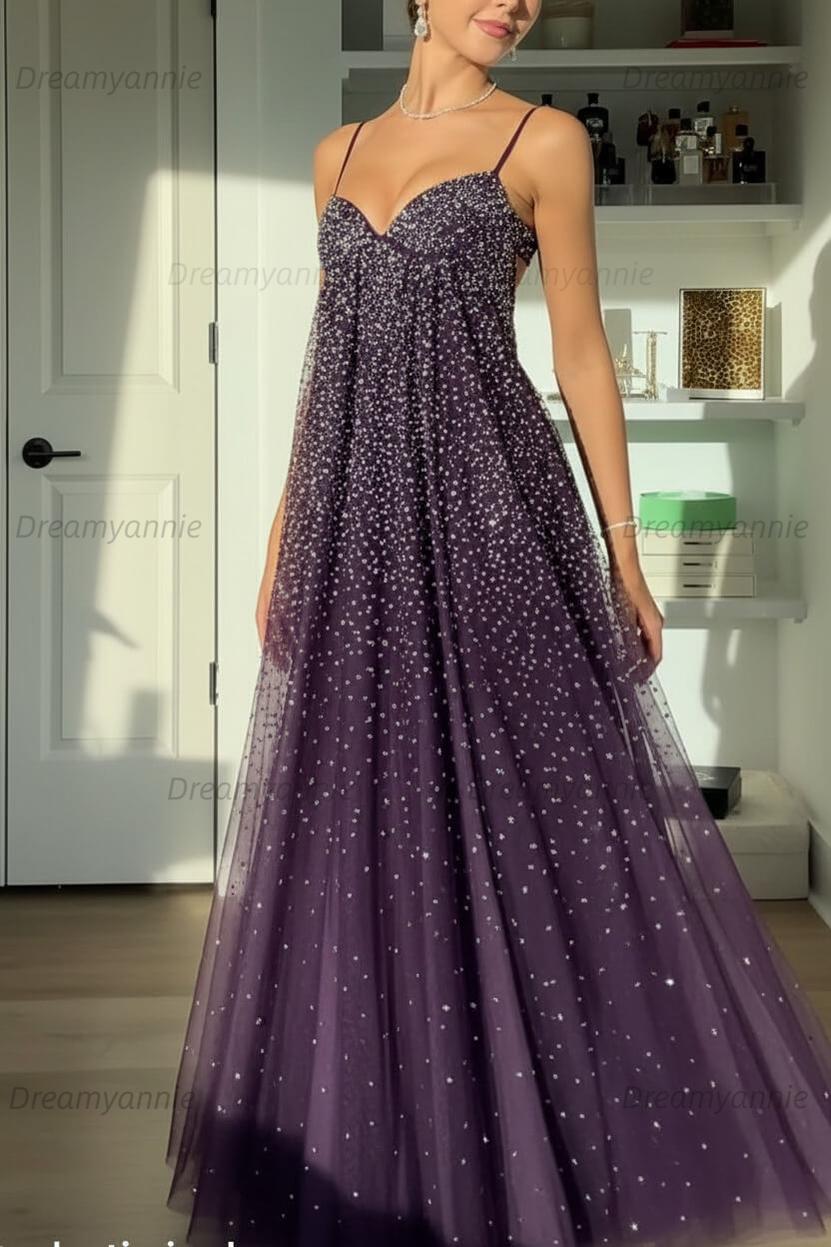 Bling A Line Spaghetti Straps Grey Blue Long Party Dress With Beading Formal Evening Gown