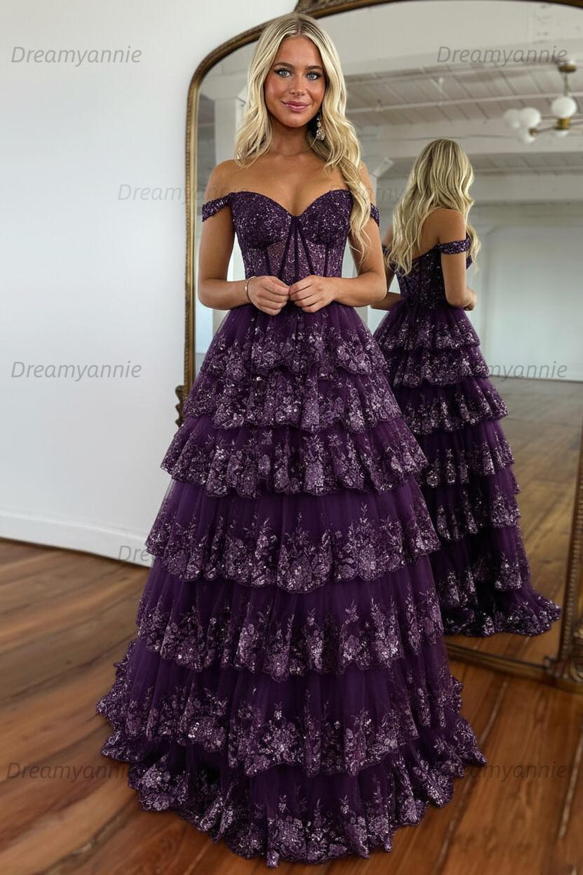 Glitter Hot Pink Corset Off the Shoulder Lace Long Prom Dress