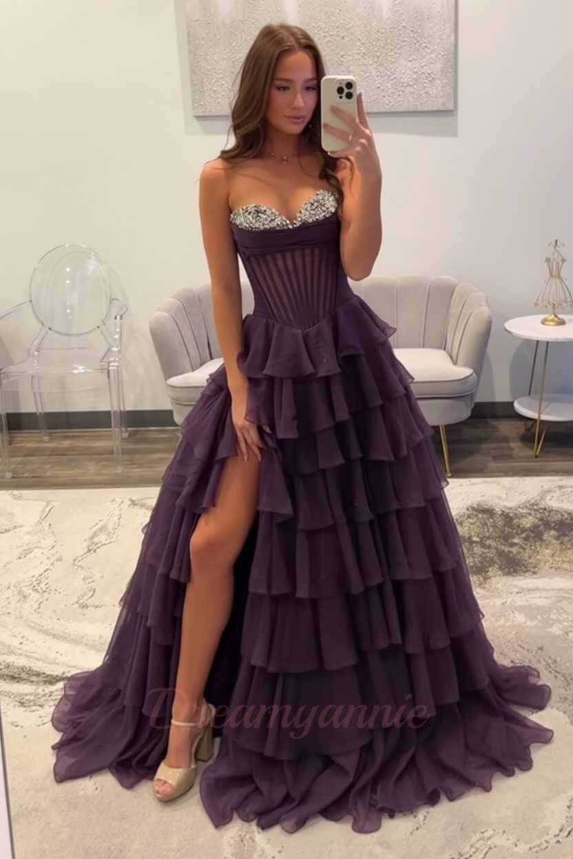 Dreamyannie Ruffled Black Prom Dress A Line Corset Long Formal Dress With Beadings