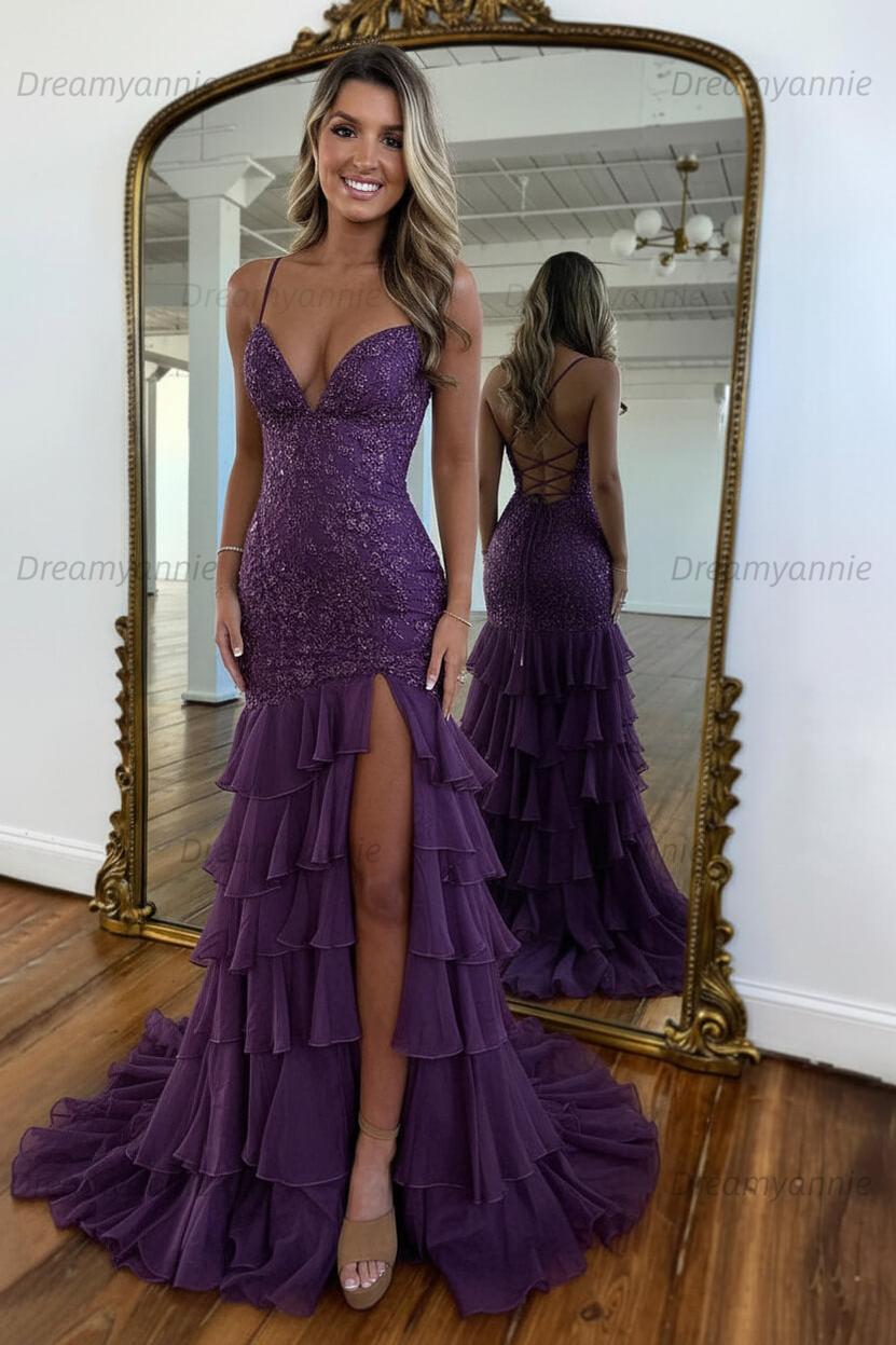 Charming Mermaid Spaghetti Straps Lace Up Long Prom Dress With Ruffle Skirt Formal Evening Gown