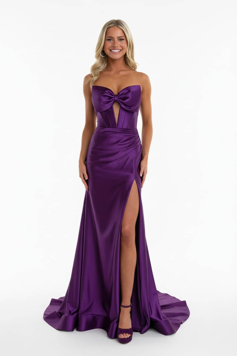 Dreamyannie Corset Red Prom Dress Satin Sweetheart Evening Dress With Slit