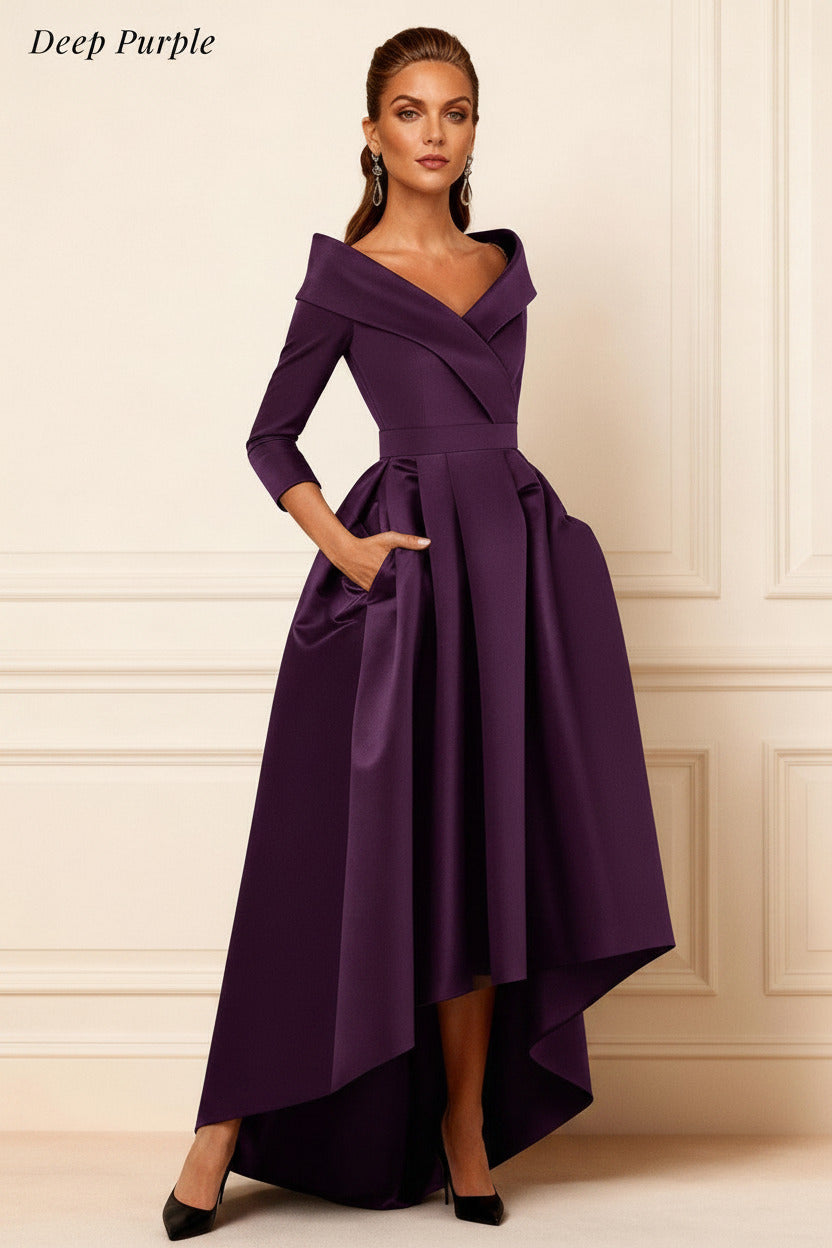 Dreamyannie Dark Navy V Neck Satin High Low Mother Of The Bride Dress With Pockets