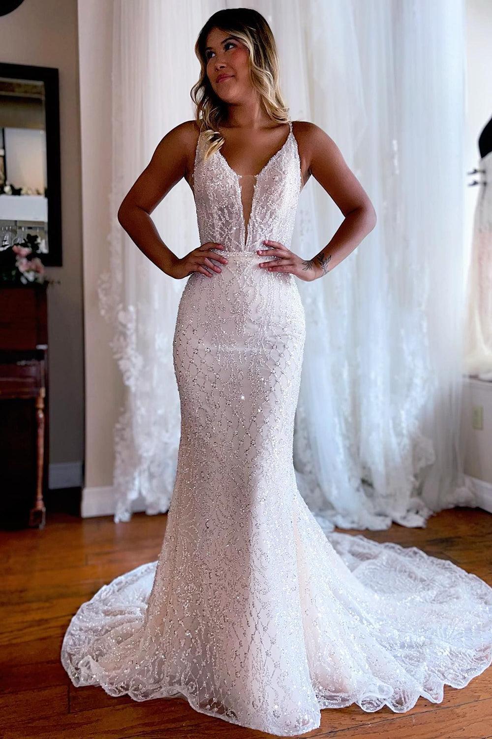 Dazzling Backless Sparkly Mermaid White Lace Beach Wedding Dress with Sweep Train
