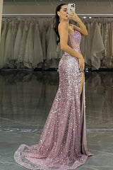 Dazzling Purple Sequin High-Slit Formal Dress With Structured Corset Formal Evening Gown
