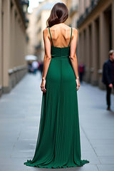 Deep V-Neck Pleated Dark Green Wedding Guest Dress Long Formal Dress With Slit