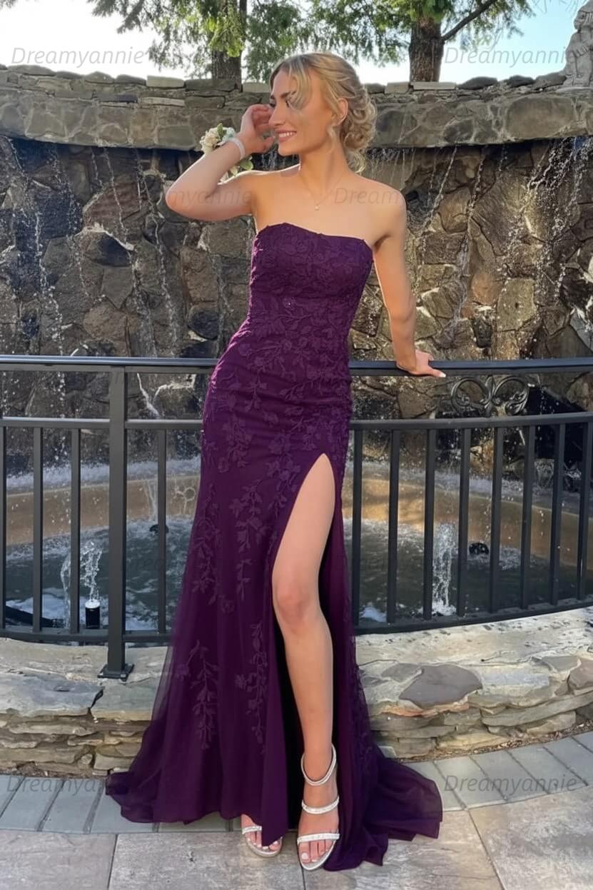 Pink Prom Dress Strapless Lace Long Evening Dress with Slit