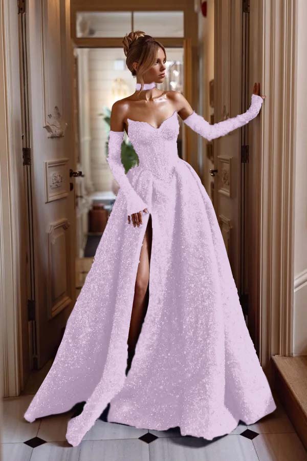 Detachable Train Prom Dress Long Sleeve Sweetheart Sequined Evening Dress