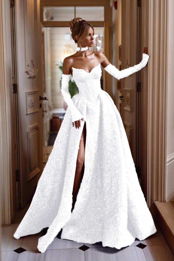 Detachable Train Prom Dress Long Sleeve Sweetheart Sequined Evening Dress