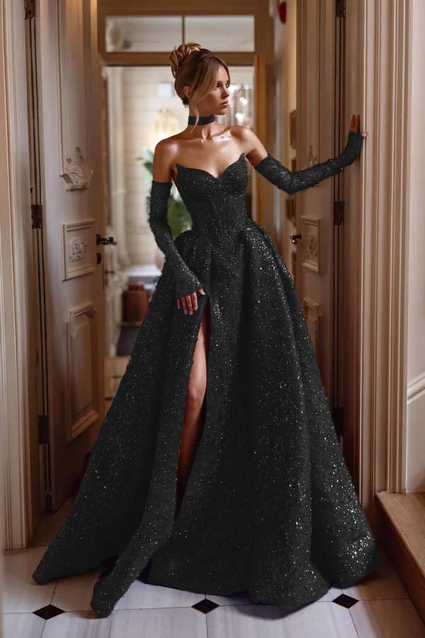 Detachable Train Prom Dress Long Sleeve Sweetheart Sequined Evening Dress