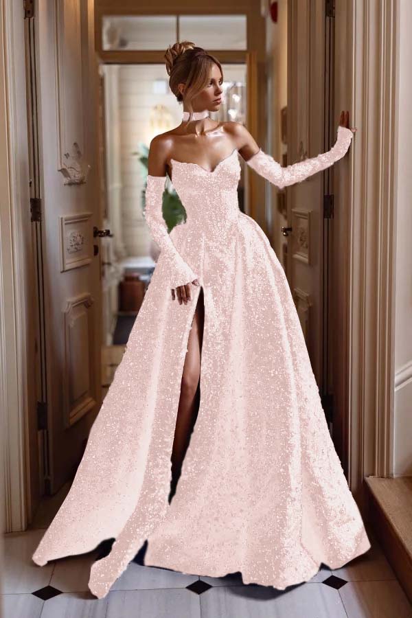 Detachable Train Prom Dress Long Sleeve Sweetheart Sequined Evening Dress