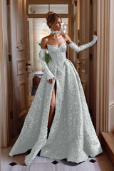 Detachable Train Prom Dress Long Sleeve Sweetheart Sequined Evening Dress