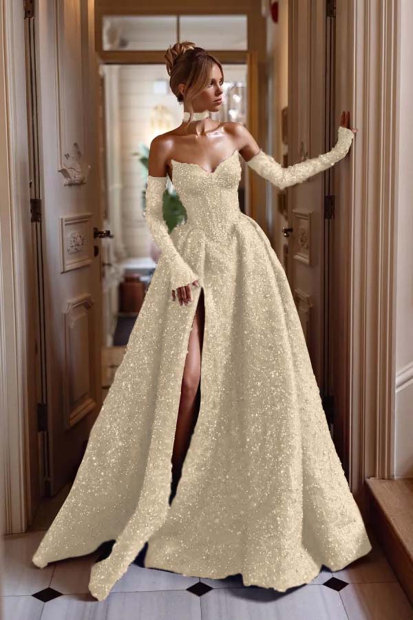 Detachable Train Prom Dress Long Sleeve Sweetheart Sequined Evening Dress