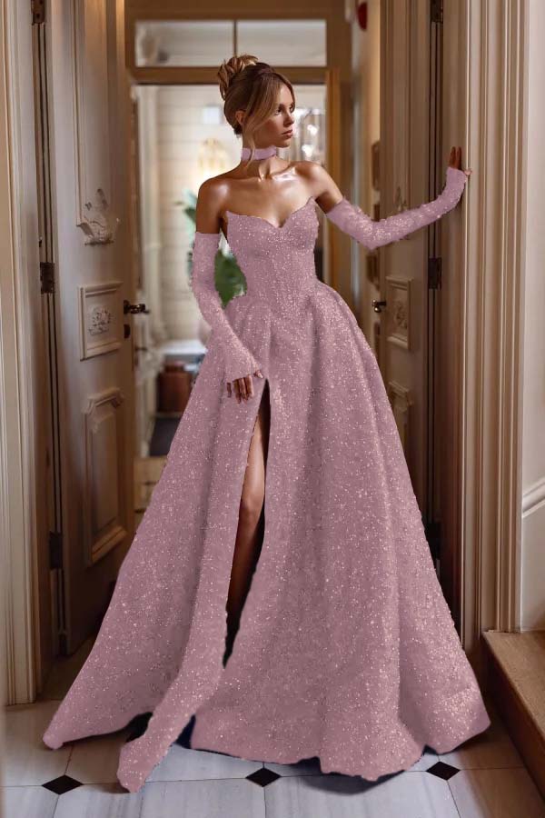 Detachable Train Prom Dress Long Sleeve Sweetheart Sequined Evening Dress