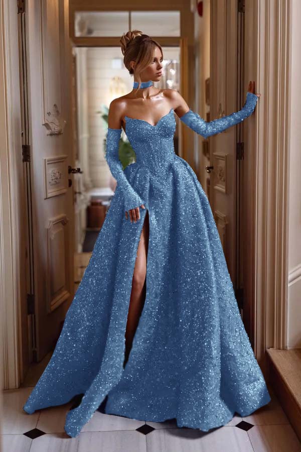Detachable Train Prom Dress Long Sleeve Sweetheart Sequined Evening Dress