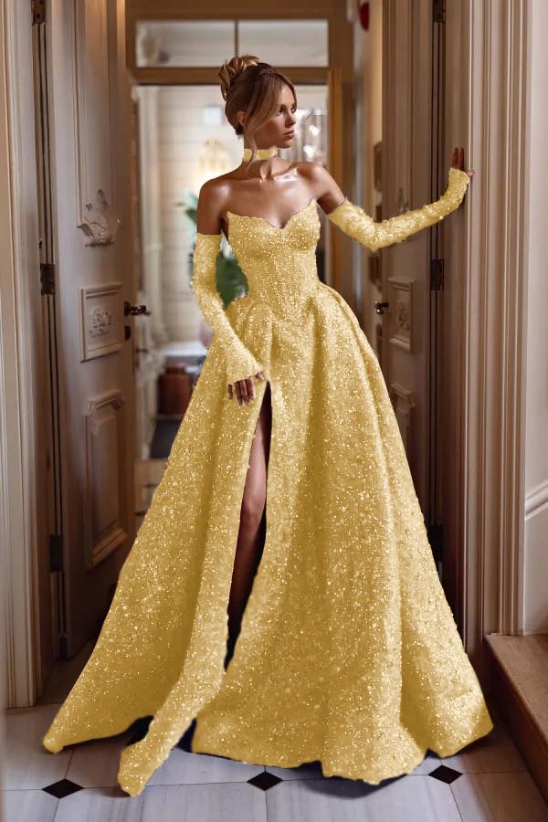Detachable Train Prom Dress Long Sleeve Sweetheart Sequined Evening Dress