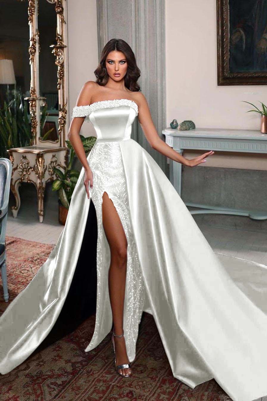 Detachable Train Prom Dress One Shoulder Beaded Evening Dress