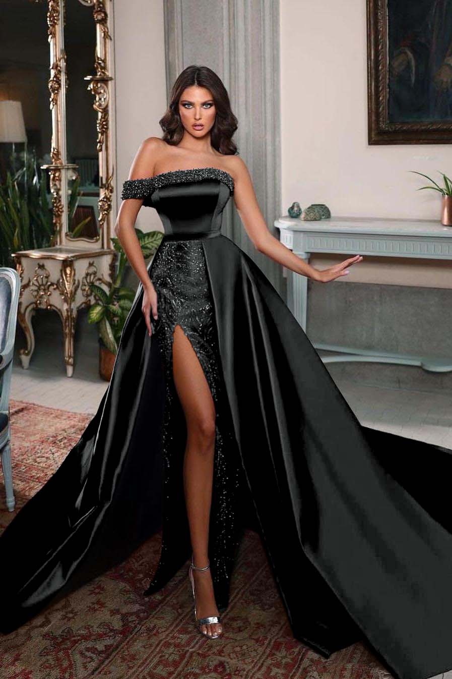 Detachable Train Prom Dress One Shoulder Beaded Evening Dress
