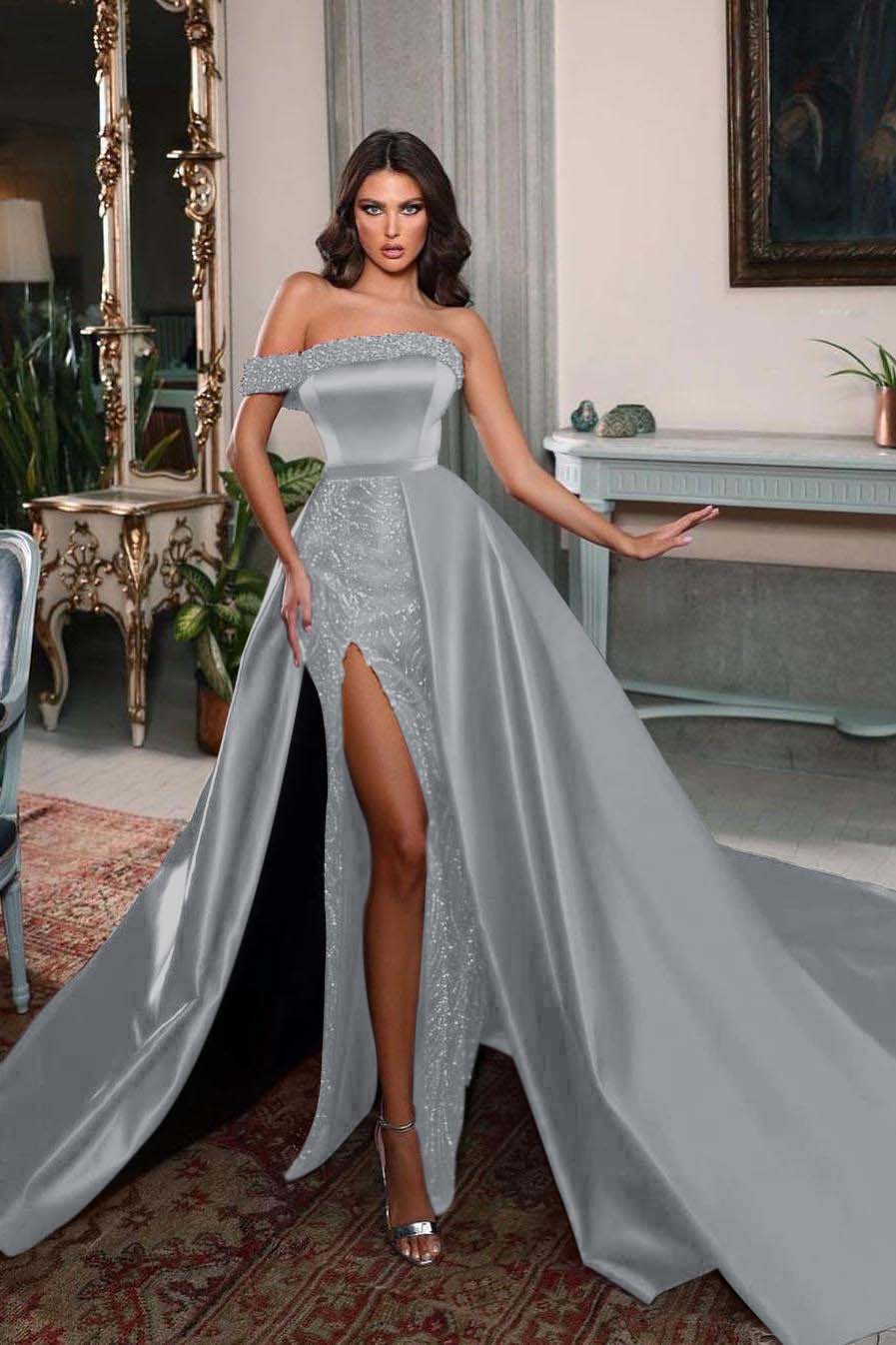 Detachable Train Prom Dress One Shoulder Beaded Evening Dress
