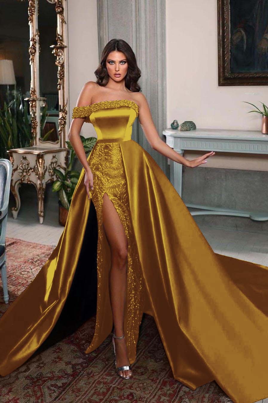 Detachable Train Prom Dress One Shoulder Beaded Evening Dress