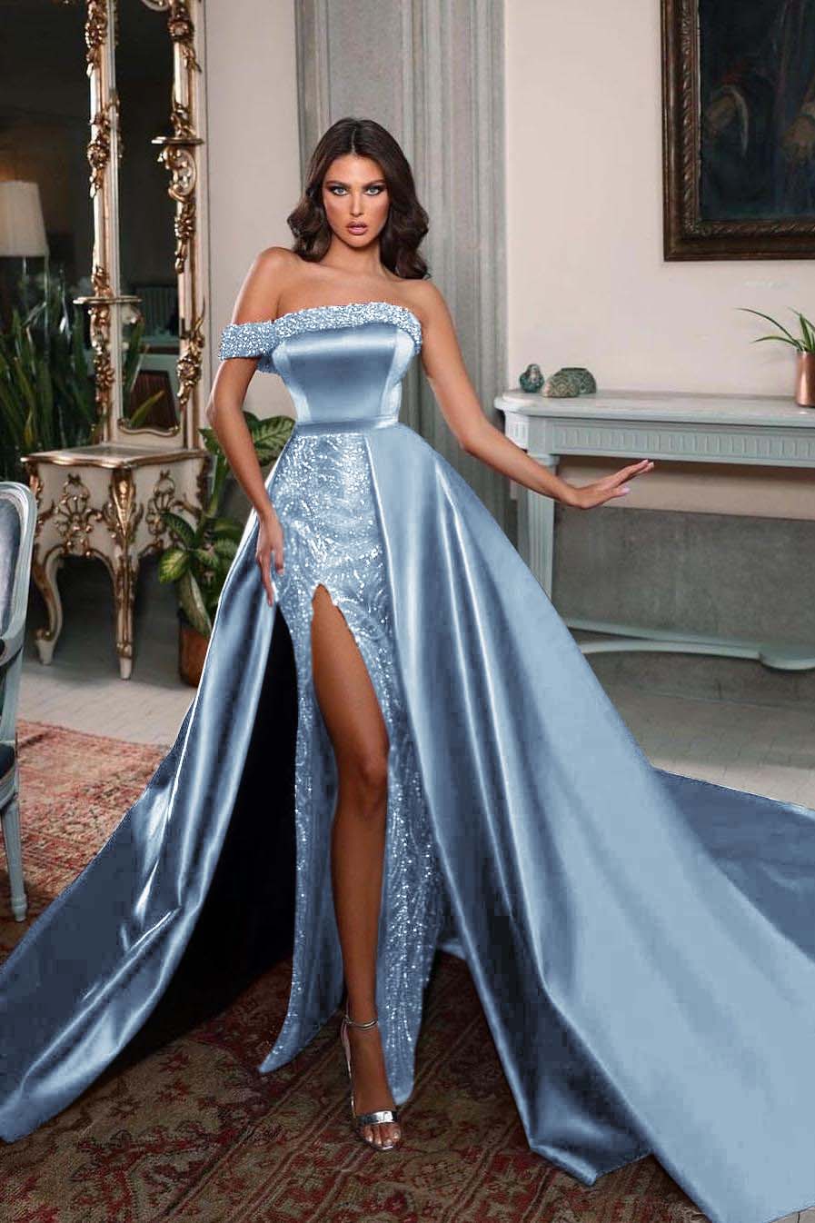 Detachable Train Prom Dress One Shoulder Beaded Evening Dress