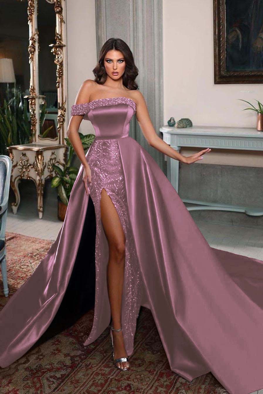 Detachable Train Prom Dress One Shoulder Beaded Evening Dress