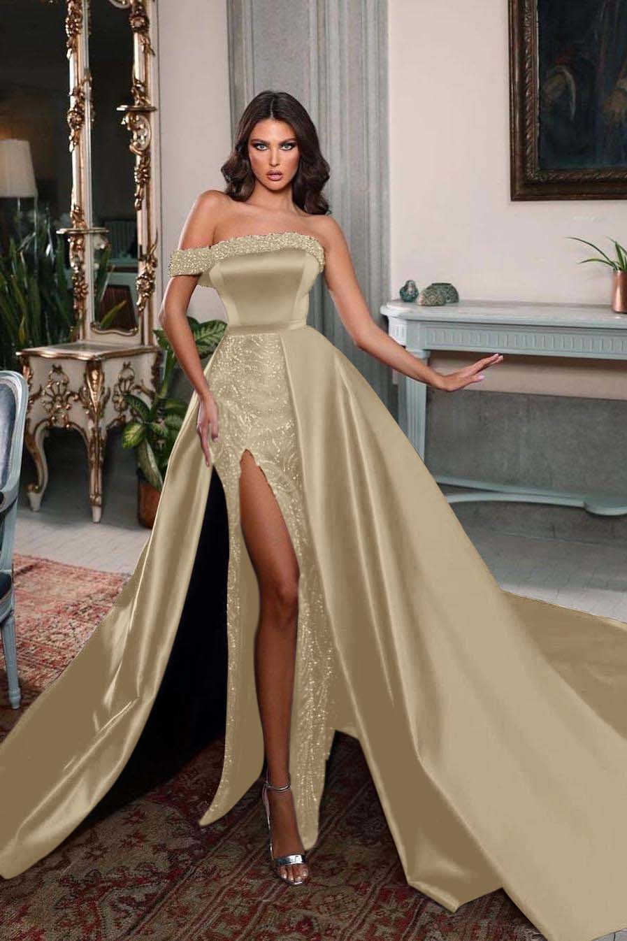 Detachable Train Prom Dress One Shoulder Beaded Evening Dress