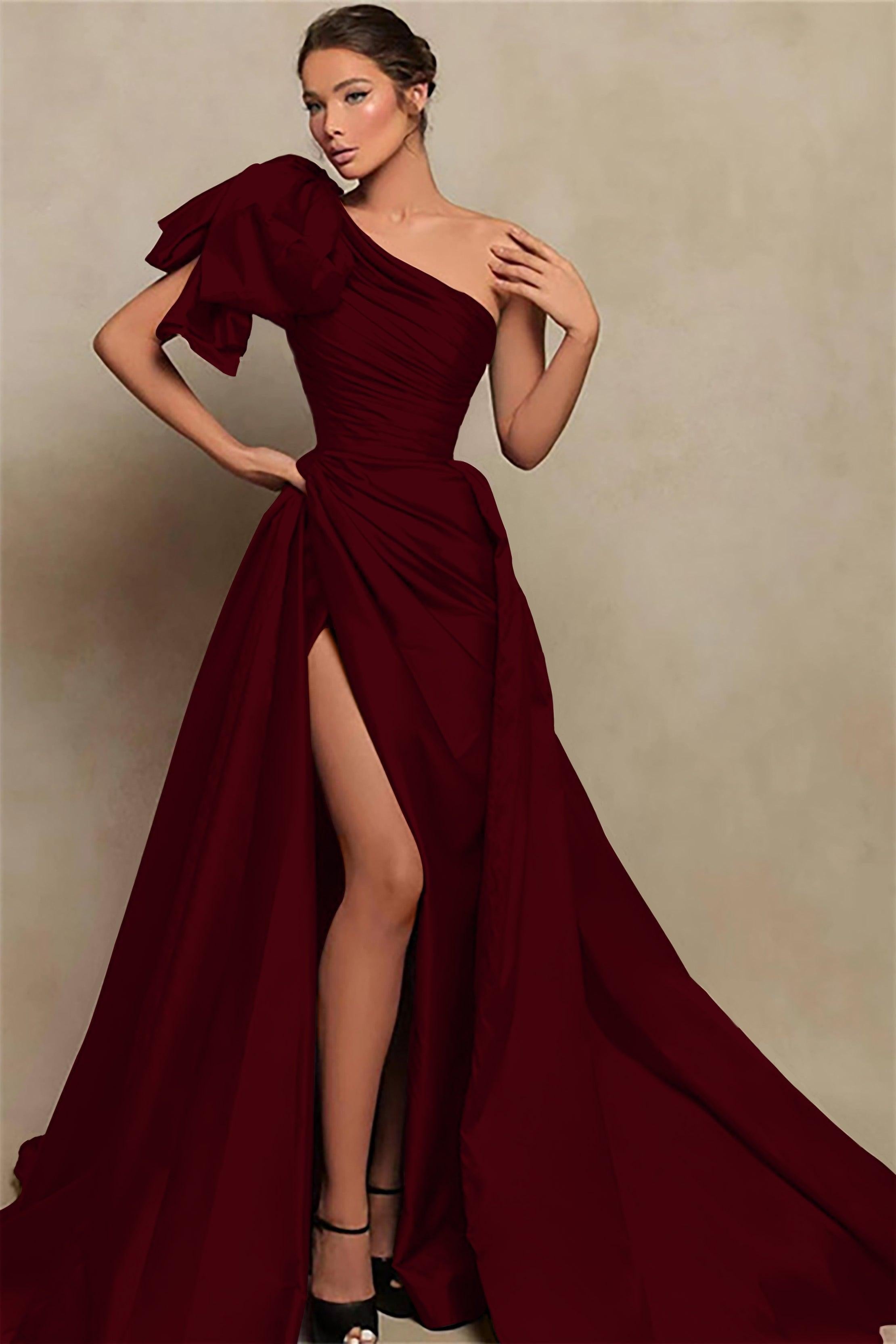 Detachable Train Prom Dress Sleeveless One Shoulder Satin Evening Dress