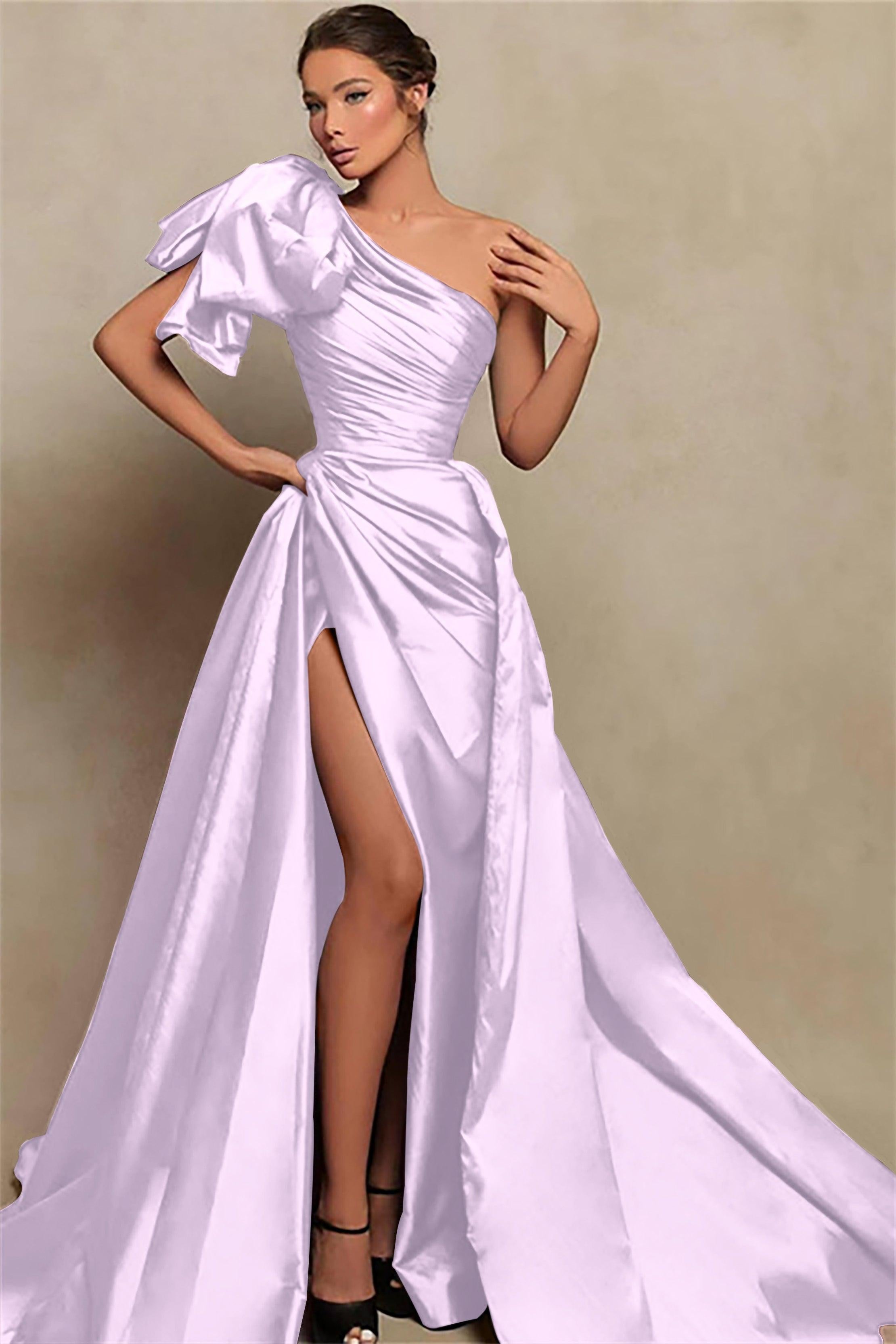 Detachable Train Prom Dress Sleeveless One Shoulder Satin Evening Dress