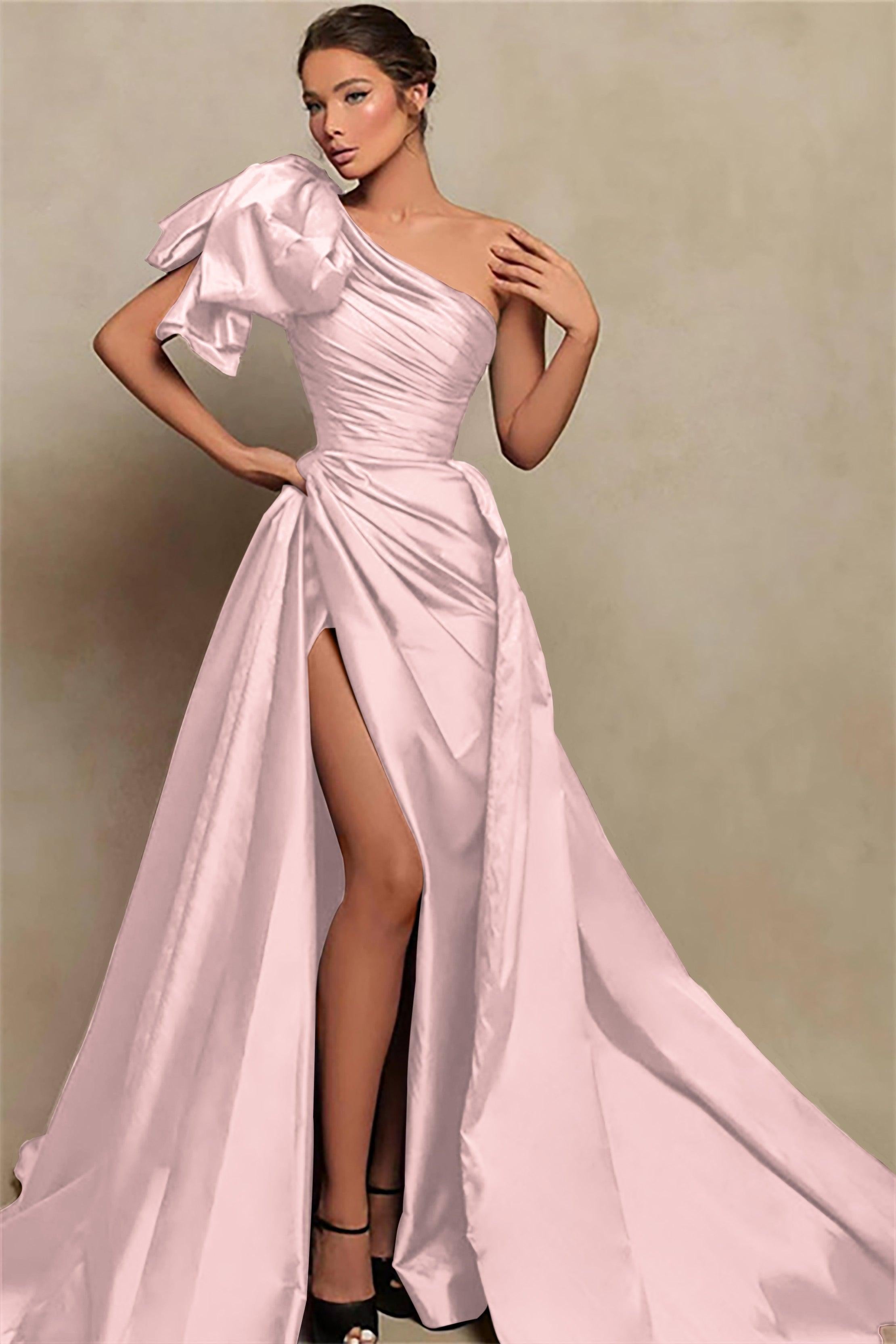 Detachable Train Prom Dress Sleeveless One Shoulder Satin Evening Dress