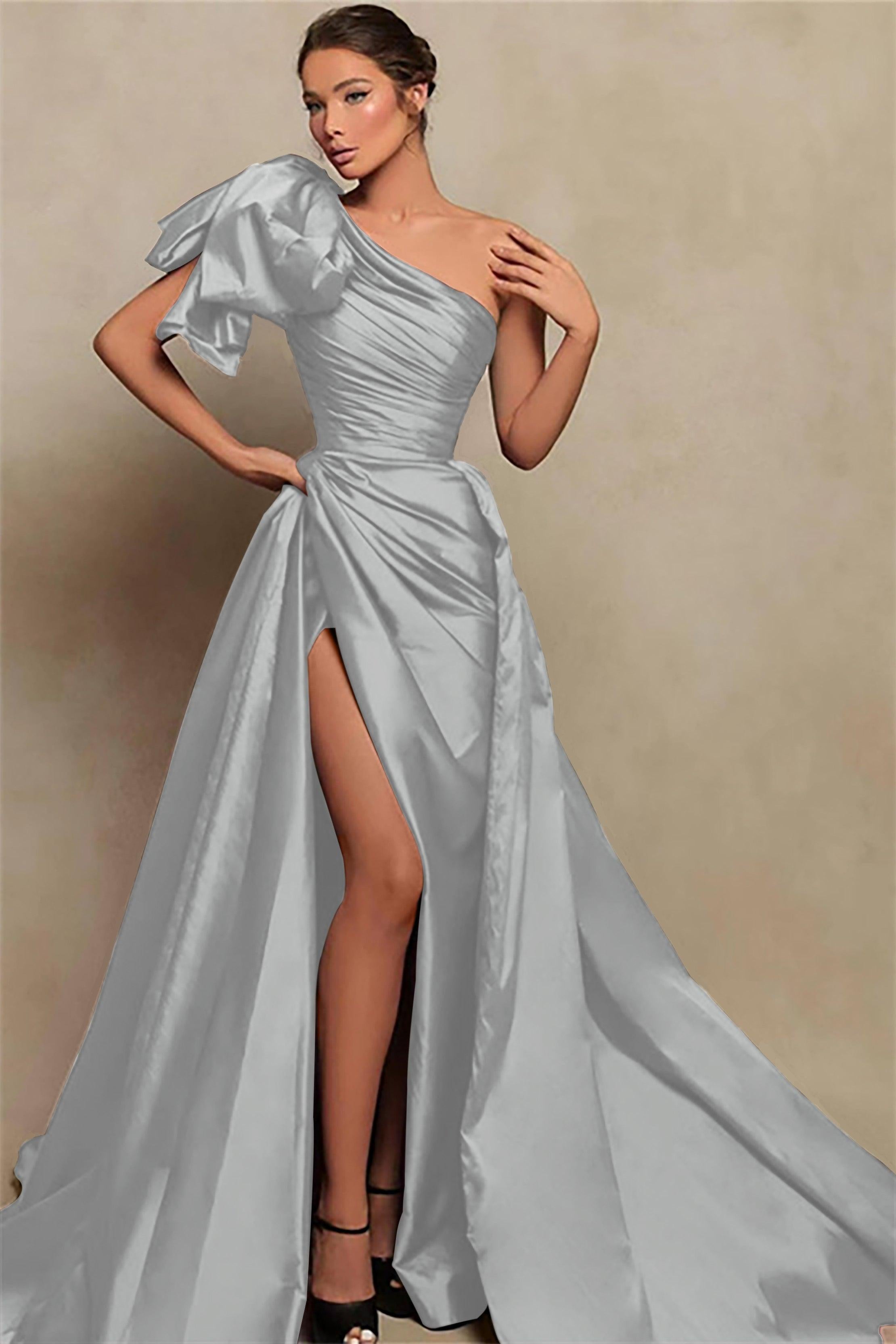 Detachable Train Prom Dress Sleeveless One Shoulder Satin Evening Dress