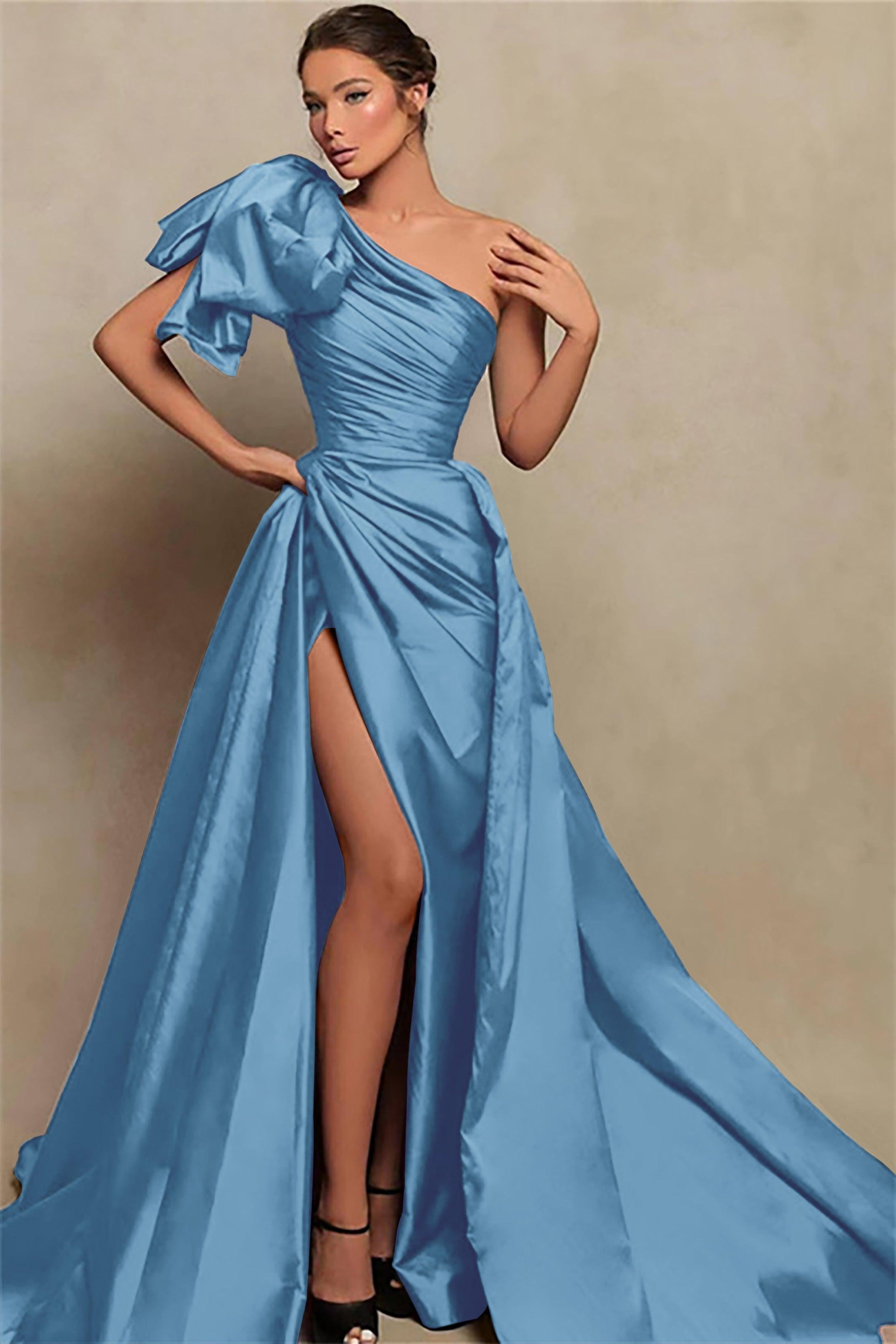 Detachable Train Prom Dress Sleeveless One Shoulder Satin Evening Dress