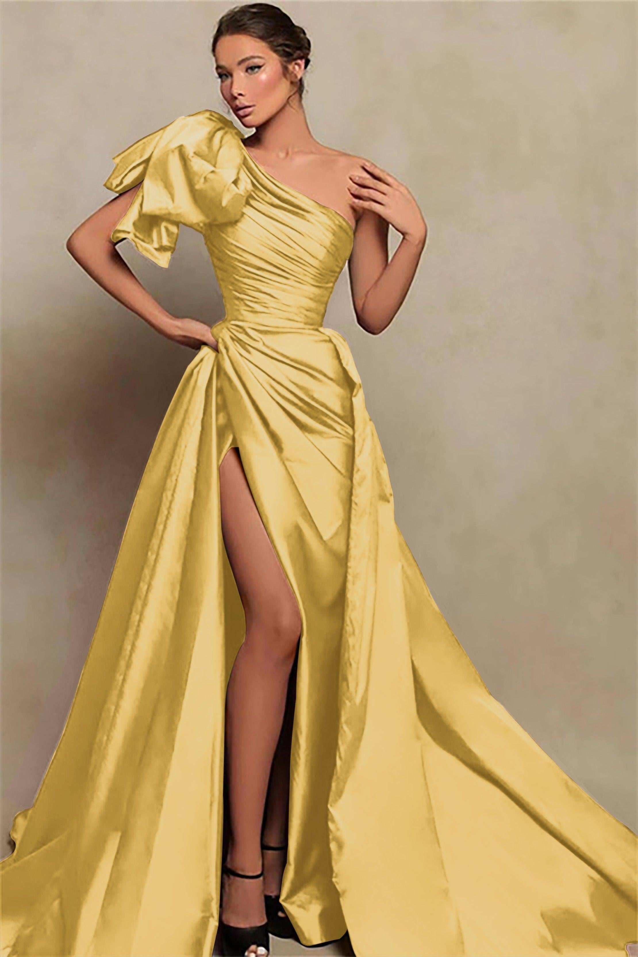 Detachable Train Prom Dress Sleeveless One Shoulder Satin Evening Dress
