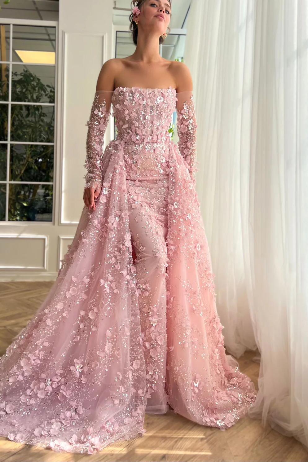 Dreamyannie 3D Flowers Pink Prom Dress Off The Shoulder Formal Dress With Panel Train