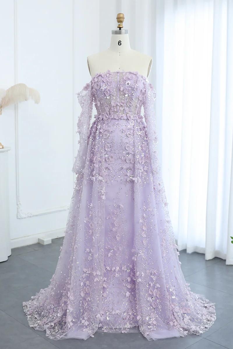 Dreamyannie 3D Flowers Pink Prom Dress Off The Shoulder Formal Dress With Panel Train