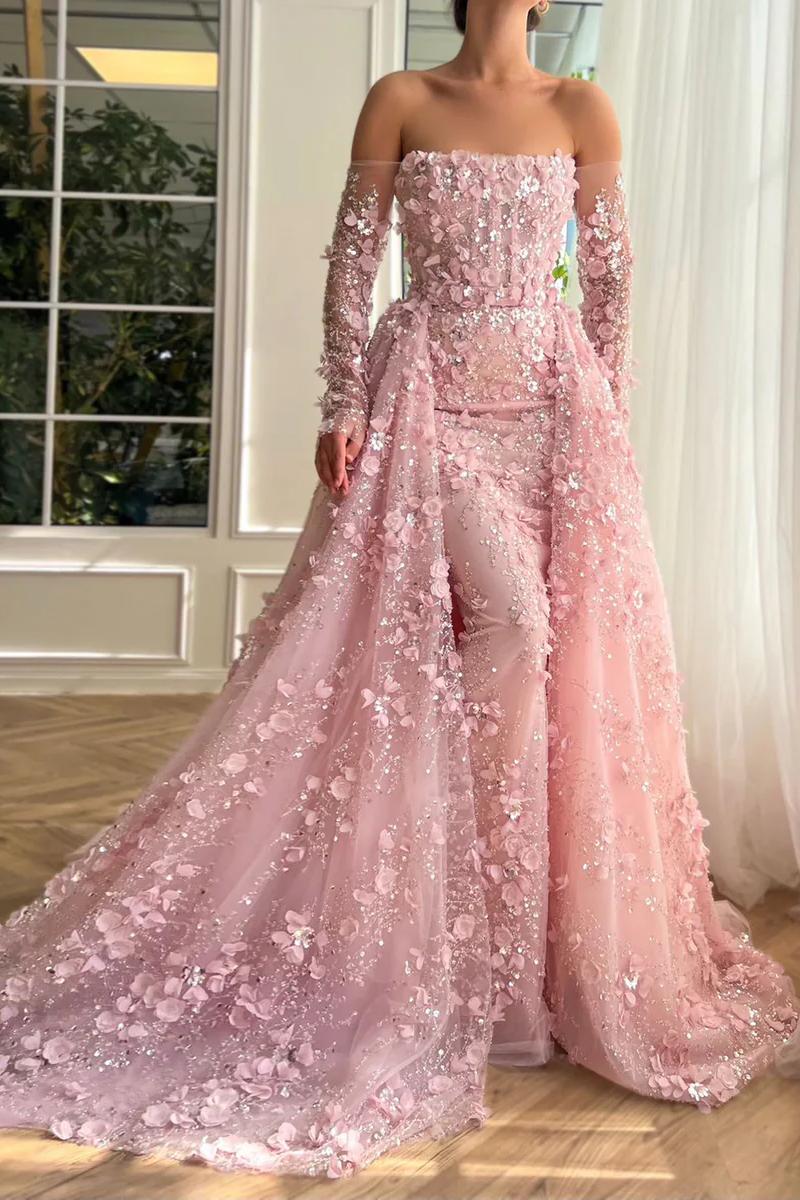 Dreamyannie 3D Flowers Pink Prom Dress Off The Shoulder Formal Dress With Panel Train