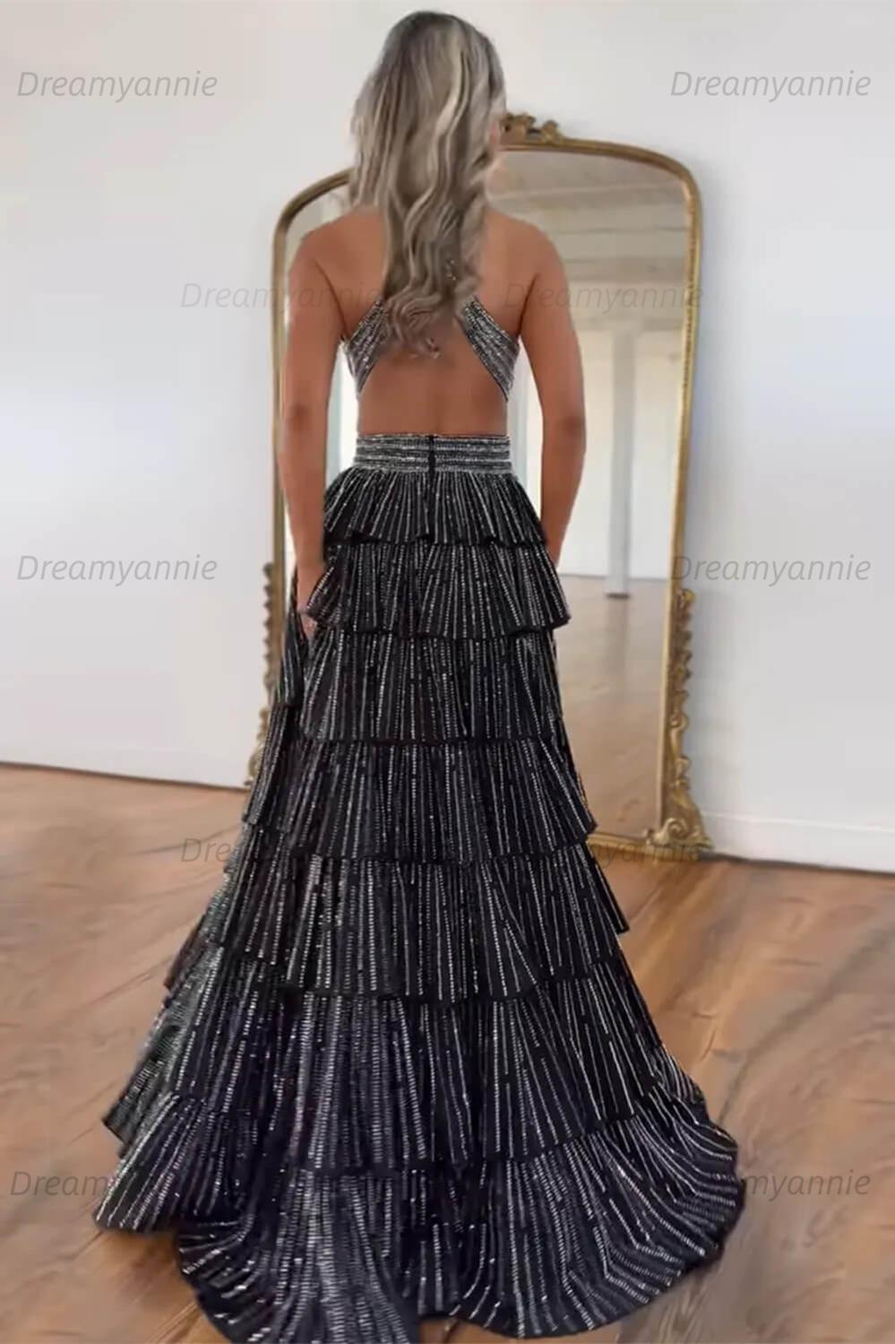 Dreamyannie A-Line Black Prom Dress Tiered Halter Long Formal Dress With Slit
