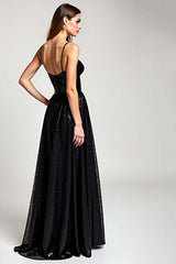 Dreamyannie A Line Black Wedding Guest Dress Long Formal Dress With Slit