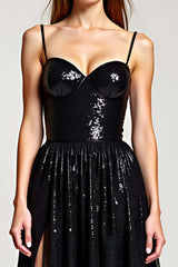 Dreamyannie A Line Black Wedding Guest Dress Long Formal Dress With Slit