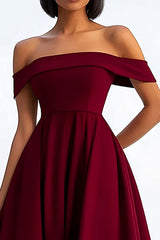 Dreamyannie A Line Burgundy Wedding Guest Dress Ruched Tea-Length Formal Dress