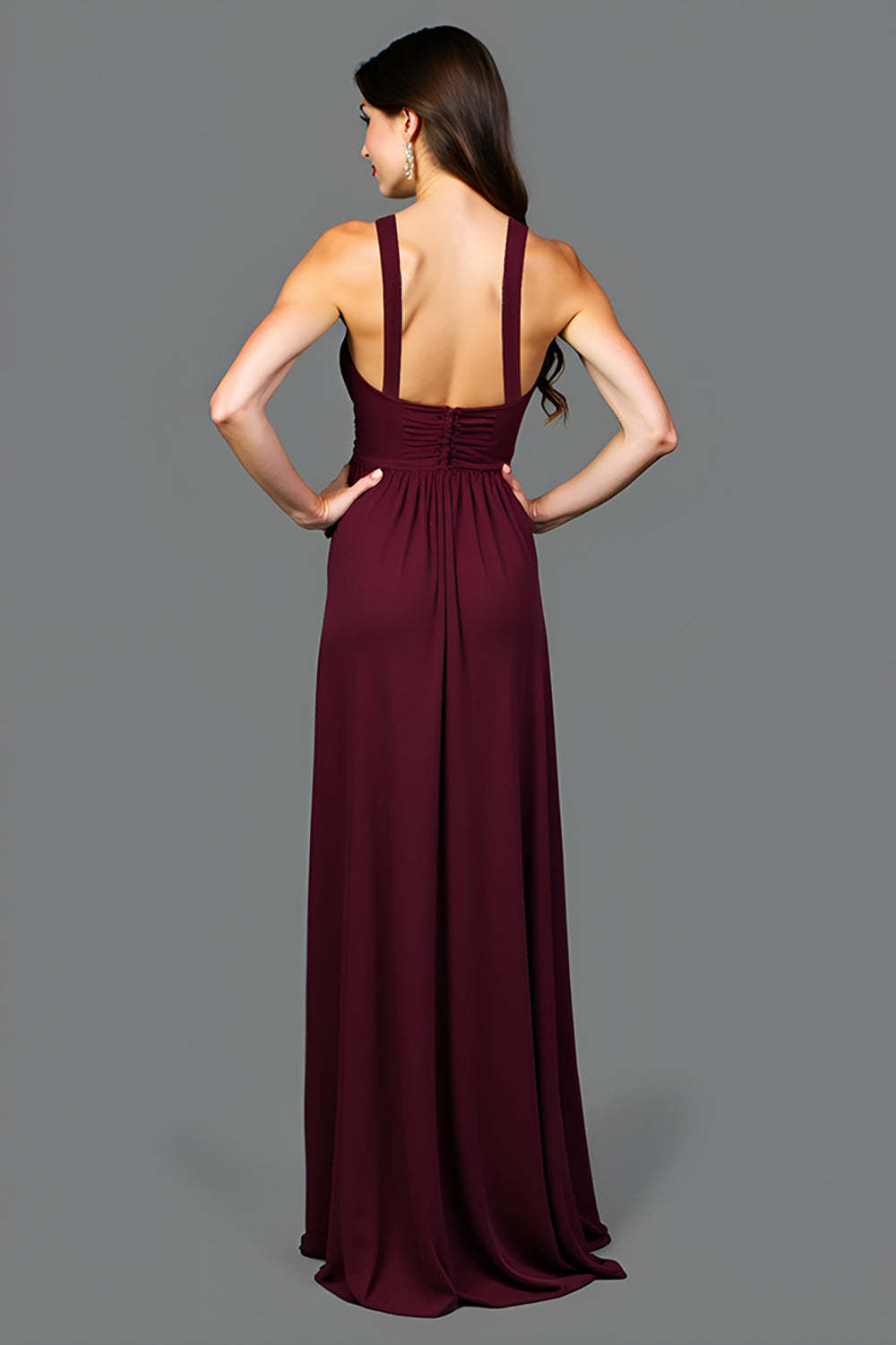 Dreamyannie A Line Cabernet Backless Ruched Long Formal Dress