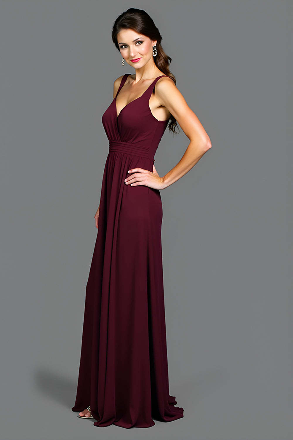 Dreamyannie A Line Cabernet Backless Ruched Long Formal Dress