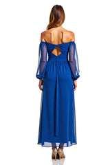 Dreamyannie A Line Chiffon Royal Blue Wedding Guest Dress Long Formal Dress With Long Sleeves