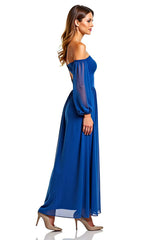 Dreamyannie A Line Chiffon Royal Blue Wedding Guest Dress Long Formal Dress With Long Sleeves