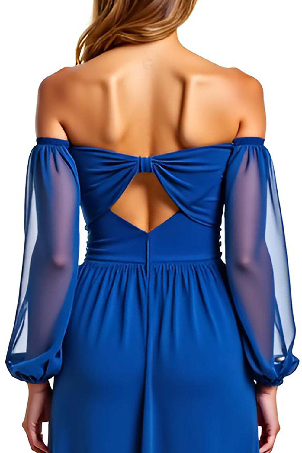 Dreamyannie A Line Chiffon Royal Blue Wedding Guest Dress Long Formal Dress With Long Sleeves