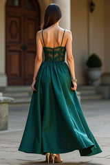 Dreamyannie A Line Dark Green Wedding Guest Dress Satin Backless Long Formal Dress
